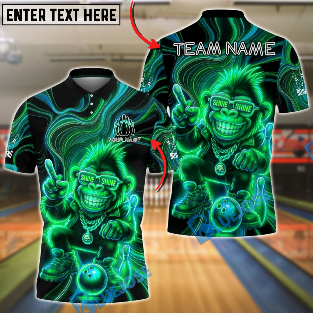 BlueJose Bowling And Pins Neon Monkey Shine Glow Customized Name, Team Name 3D Shirt (4 Colors)