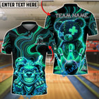 BlueJose Bowling And Pins Crazy Neon Bear Strike Customized Name, Team Name 3D Shirt (4 Colors)