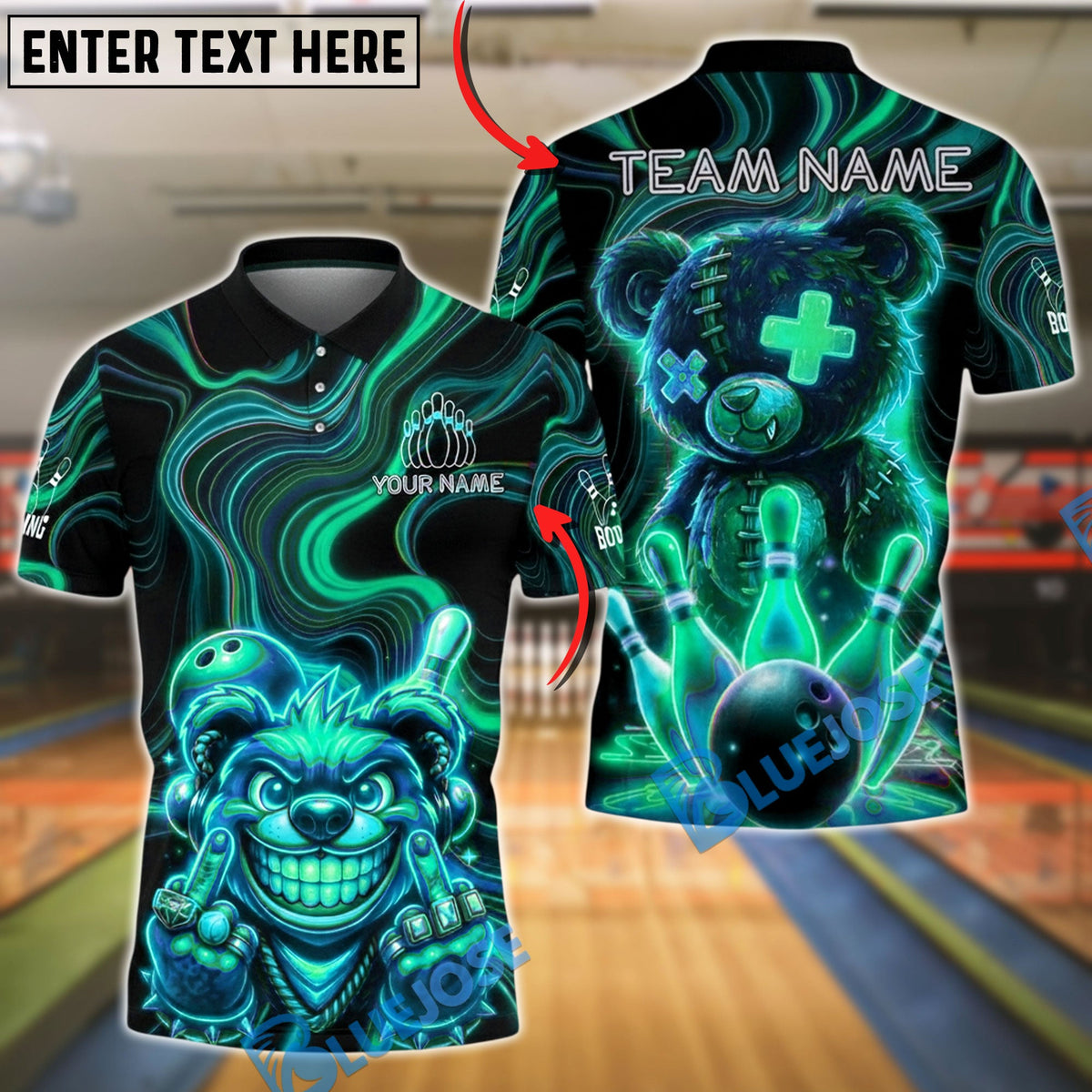 BlueJose Bowling And Pins Crazy Neon Bear Strike Customized Name, Team Name 3D Shirt (4 Colors)
