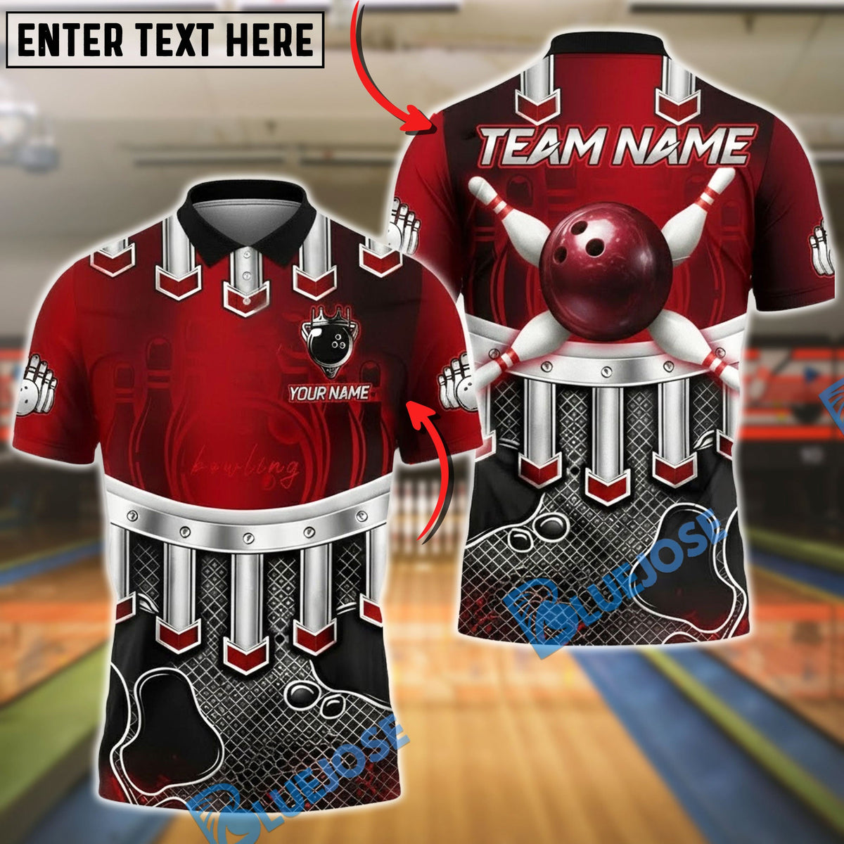 BlueJose Bowling & Pins Metallic Bowling Ball Pin Strike Power Design Customized Name, Team Name 3D Shirt (4 Colors)