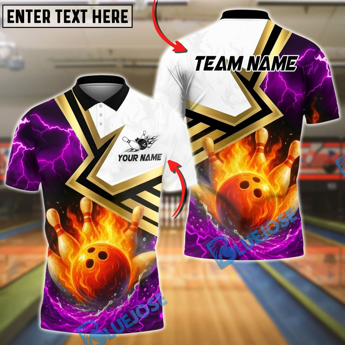 BlueJose Bowling And Pins Fire and Lightning Customized Name, Team Name 3D Shirt (4 Colors)
