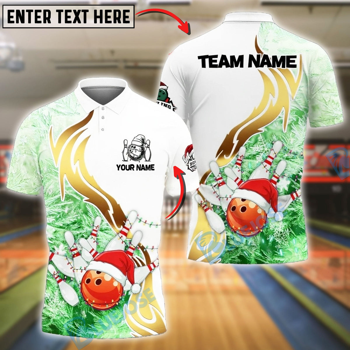 BlueJose Bowling And Pins Christmas Lights Fire Strike Customized Name, Team Name 3D Shirt (4 Colors)