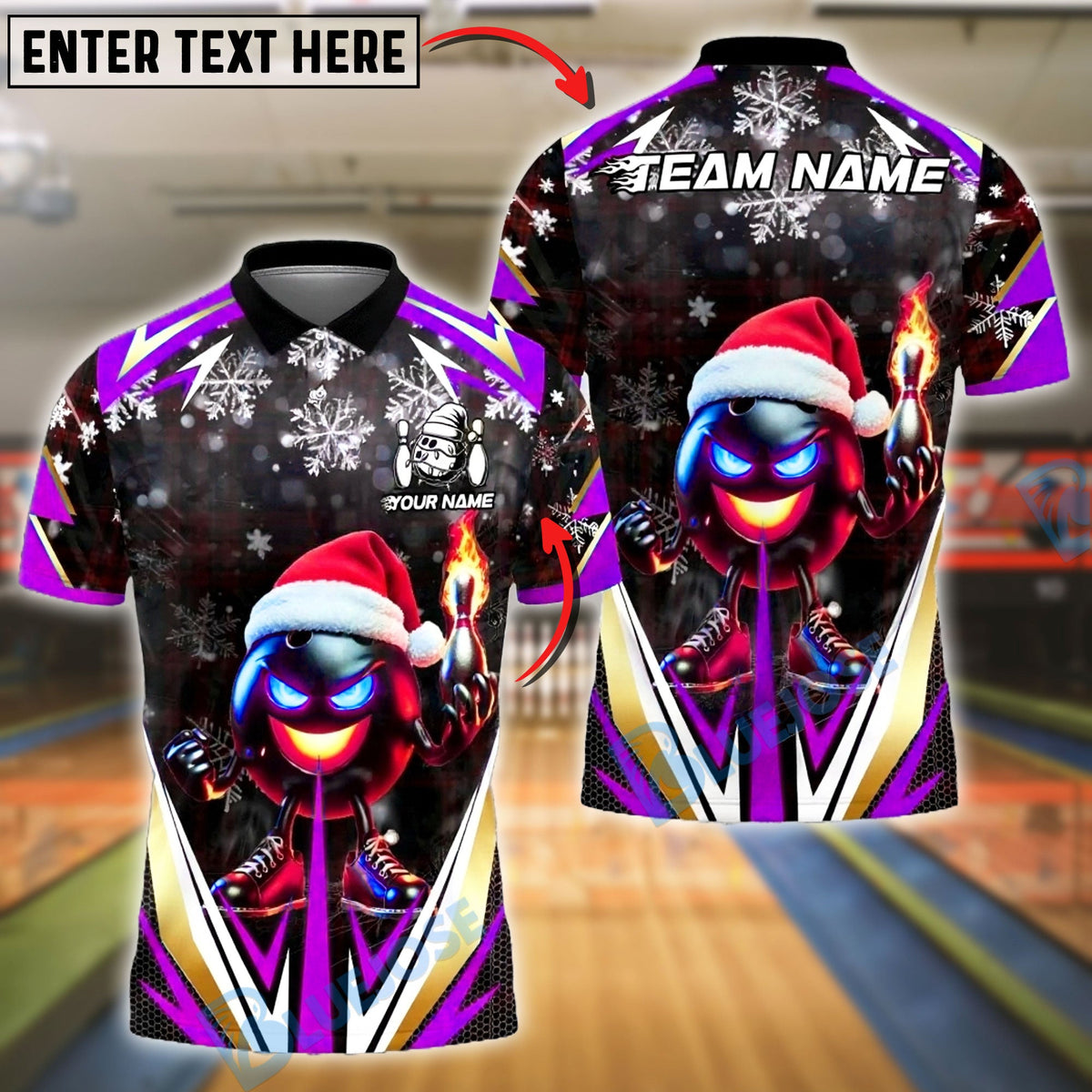 BlueJose Bowling And Pins Santa Fire Strike Customized Name, Team Name 3D Shirt (4 Colors)