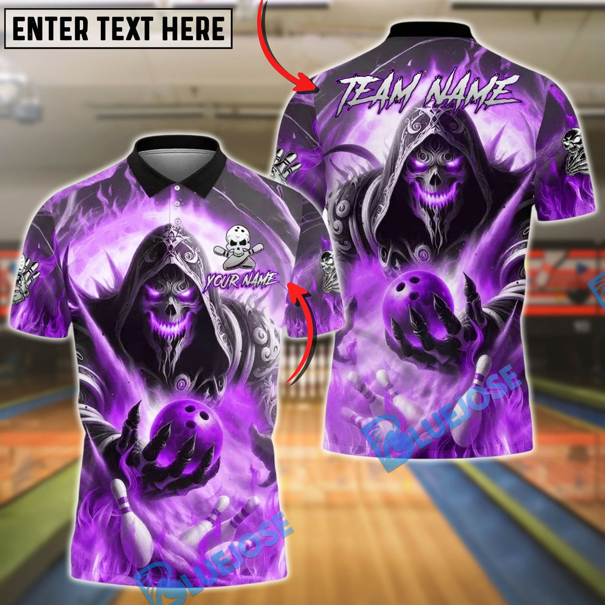 BlueJose Bowling And Pins Grim Reaper Strike Fire Glow Customized Name, Team Name 3D Shirt (4 Colors)