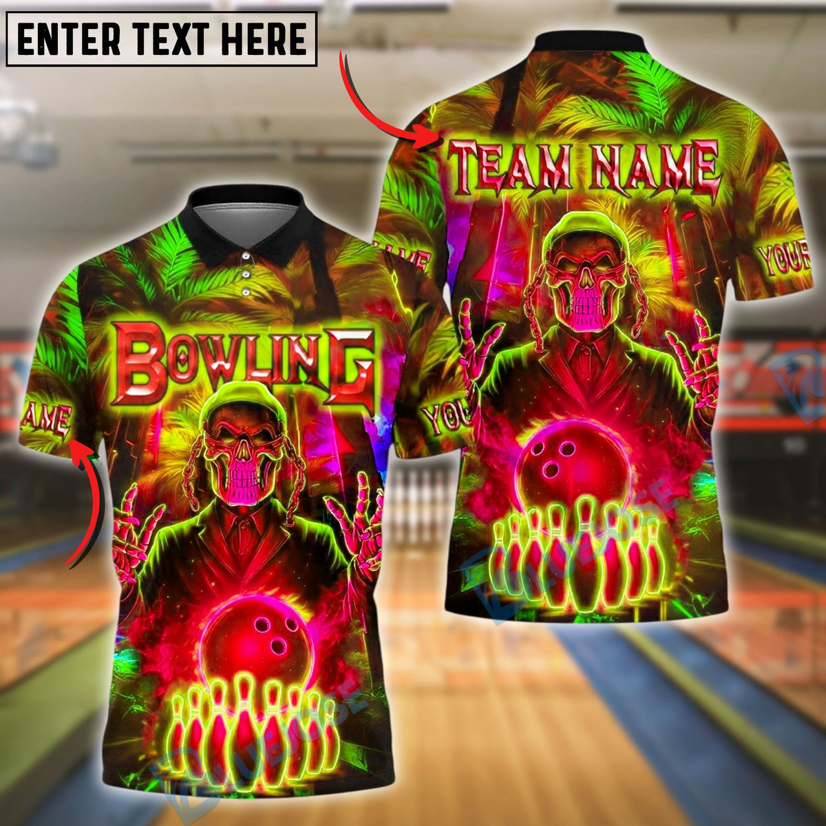 BlueJose Bowling And Pins Neon Skull Glow Customized Name, Team Name 3D Shirt (4 Colors)