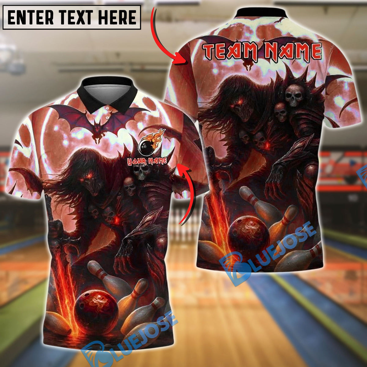 BlueJose Bowling And Pins Dark Knight Skull Moon Customized Name, Team Name 3D Shirt (4 Colors)