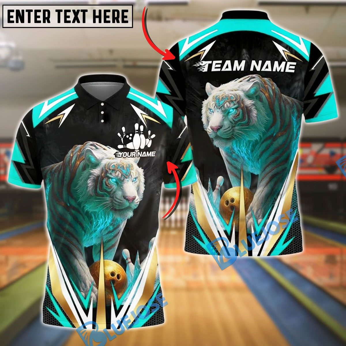 BlueJose Bowling And Pins White Tiger Blue Flame Customized Name, Team Name 3D Shirt (4 Colors)