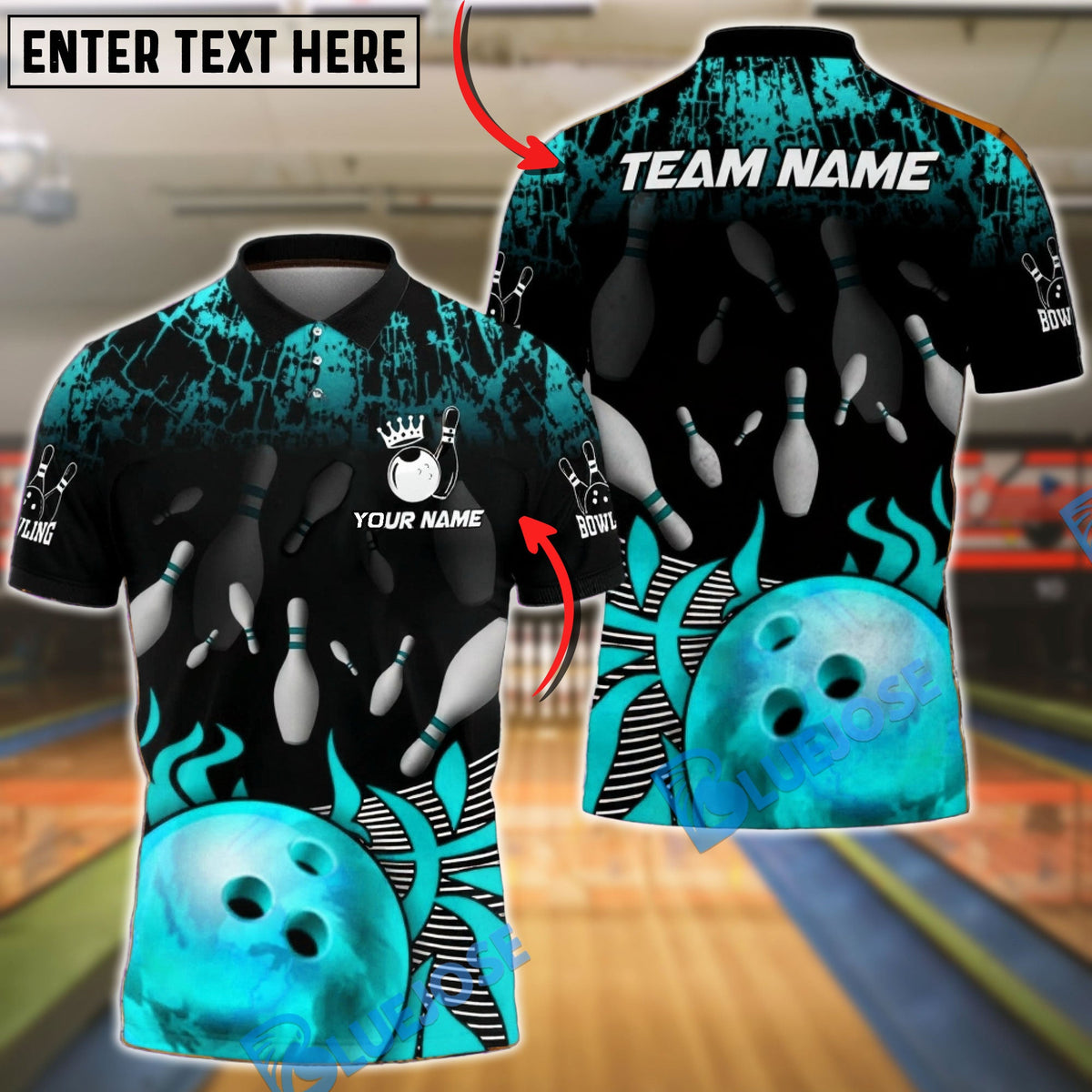 BlueJose Bowling & Pin Fire Strike Flame Pins Customized Name, Team Name 3D Shirt (4 Colors)
