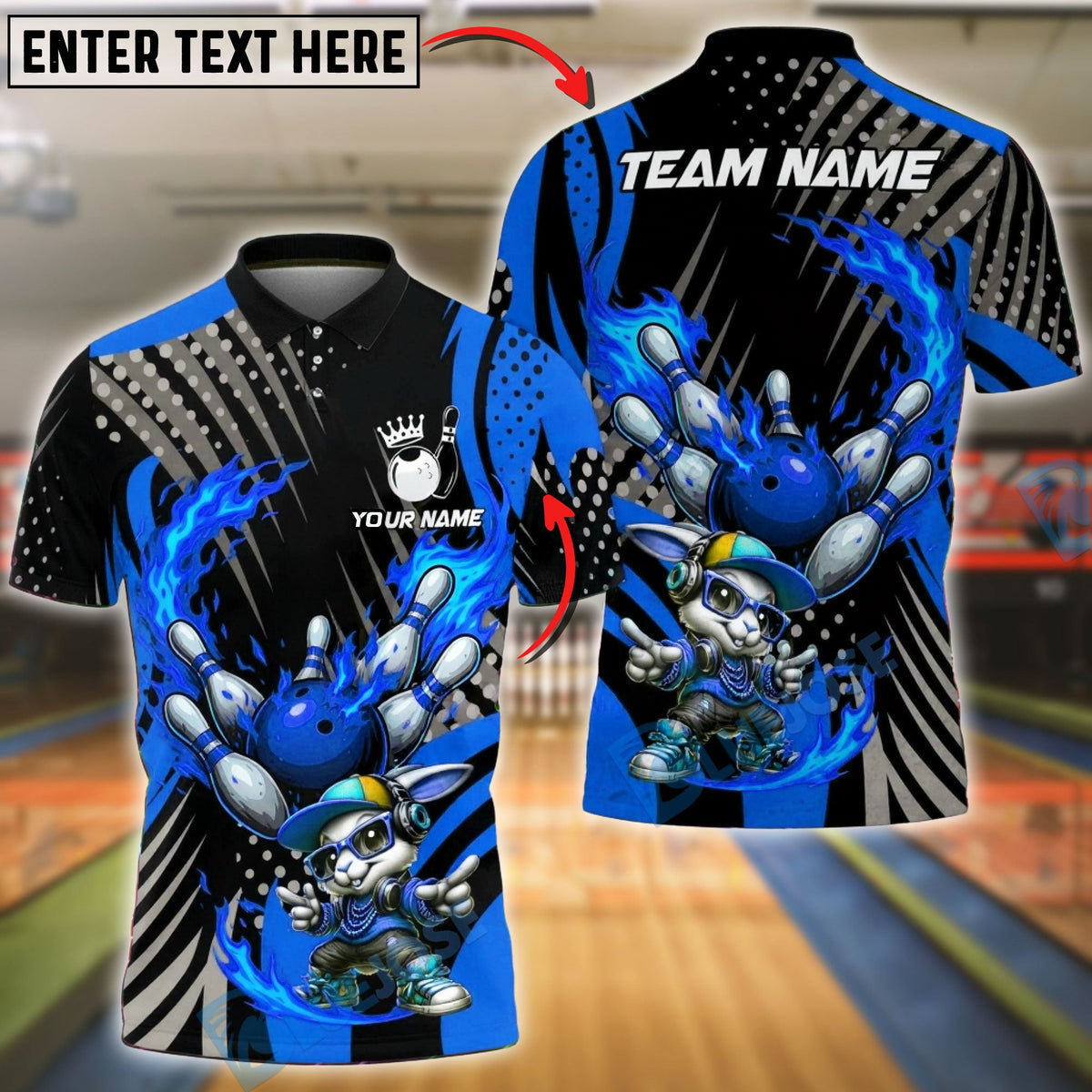 BlueJose Bowling & Pins Bunny Mascot Fire Strike Customized Name, Team Name 3D Shirt (4 Colors)