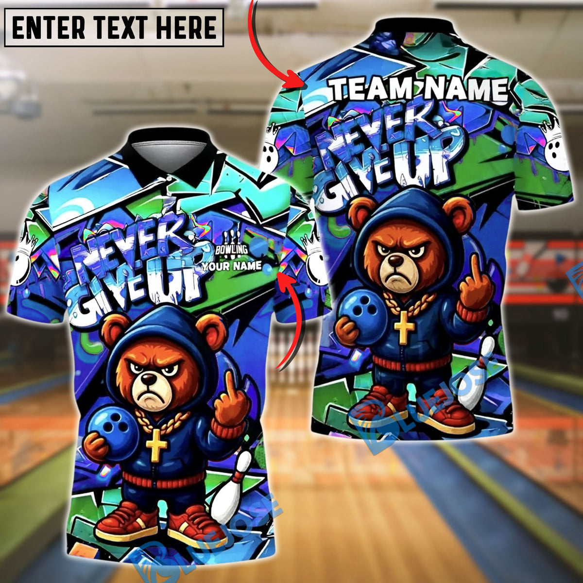 BlueJose Bowling And Pins Bear Never Give Up Graffiti Customized Name, Team Name 3D Shirt (4 Colors)