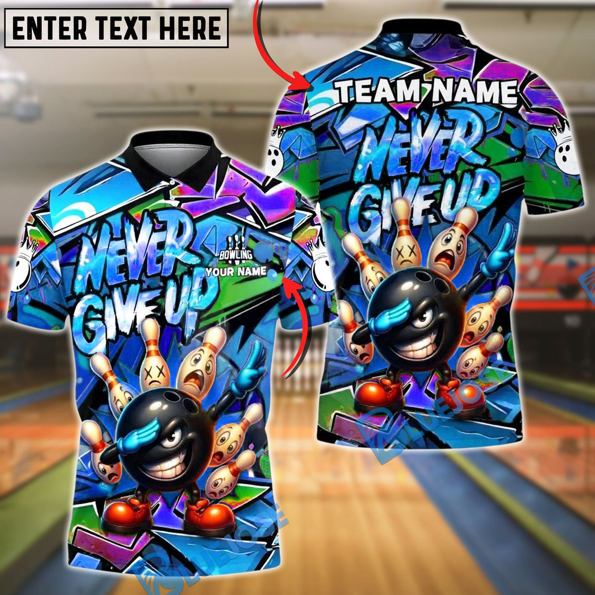 BlueJose Bowling And Pins Dab Never Give Up Graffiti Customized Name, Team Name 3D Shirt (4 Colors)