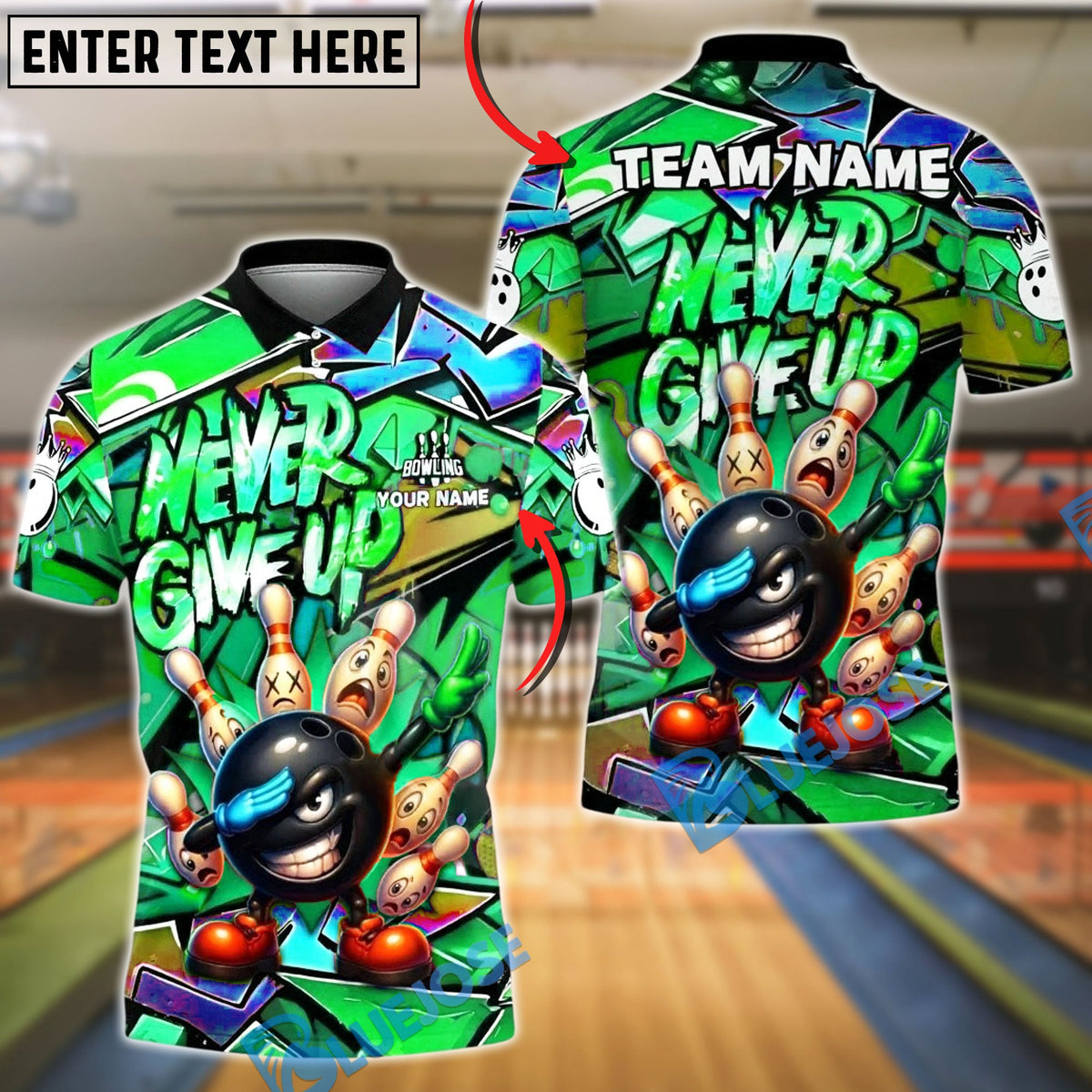 BlueJose Bowling And Pins Dab Never Give Up Graffiti Customized Name, Team Name 3D Shirt (4 Colors)