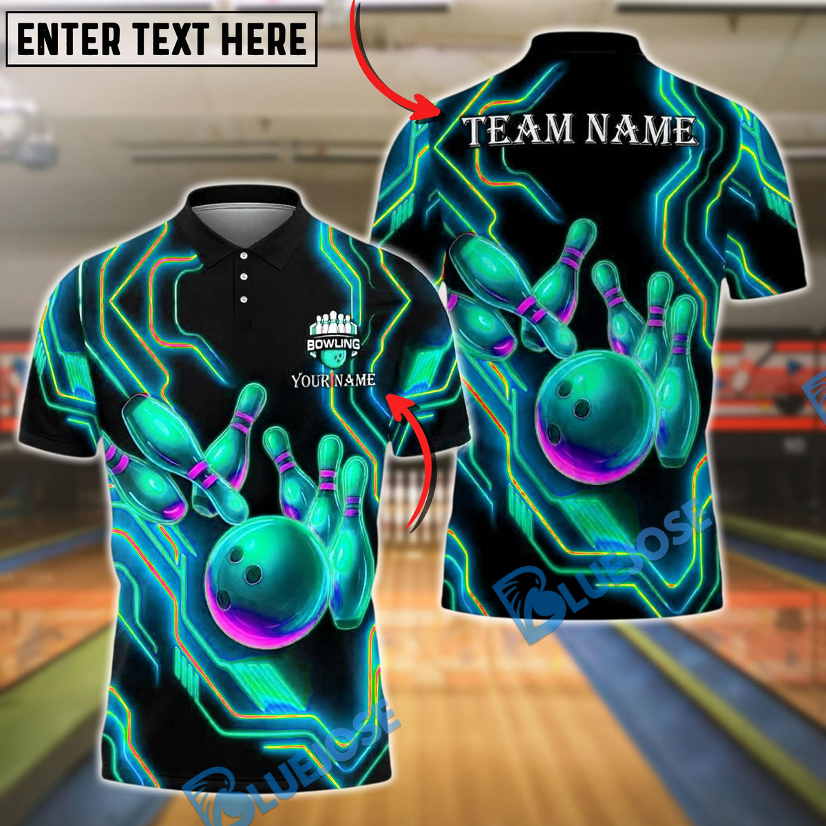 BlueJose Bowling And Pins Neon Glow Pins & Ball Customized Name, Team Name 3D Shirt (4 Colors)