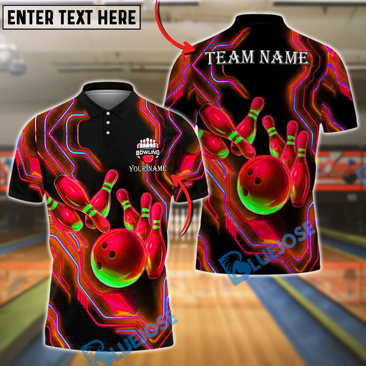 BlueJose Bowling And Pins Neon Glow Pins & Ball Customized Name, Team Name 3D Shirt (4 Colors)