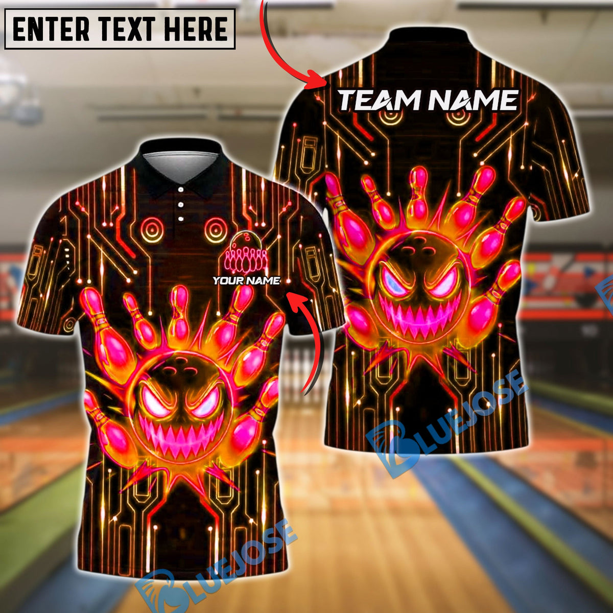 BlueJose Bowling And Pins Cyberpunk Evil Ball Customized Name, Team Name 3D Shirt (4 Colors)