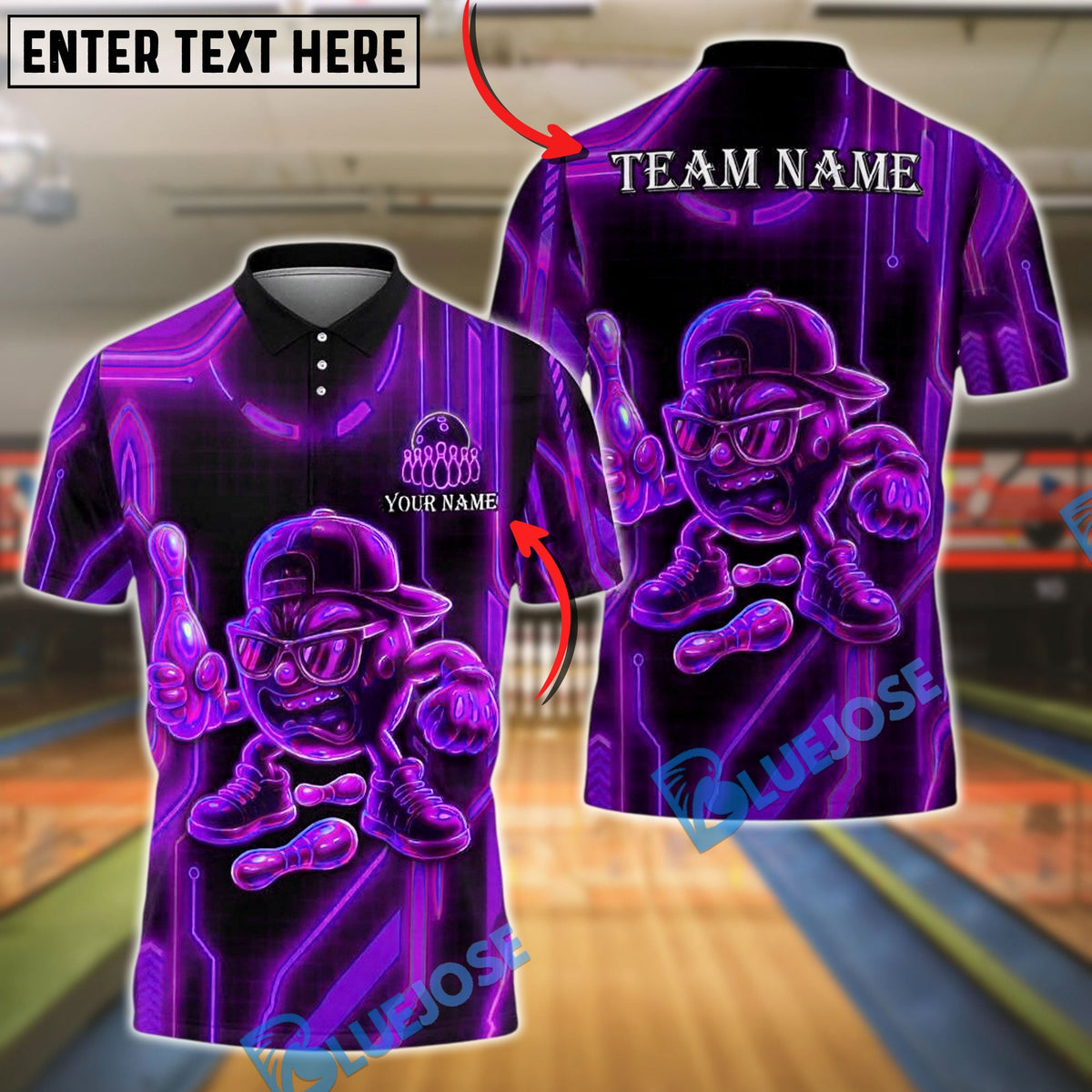 BlueJose Bowling And Pins Cartoon Neon Character Customized Name, Team Name 3D Shirt (4 Colors)