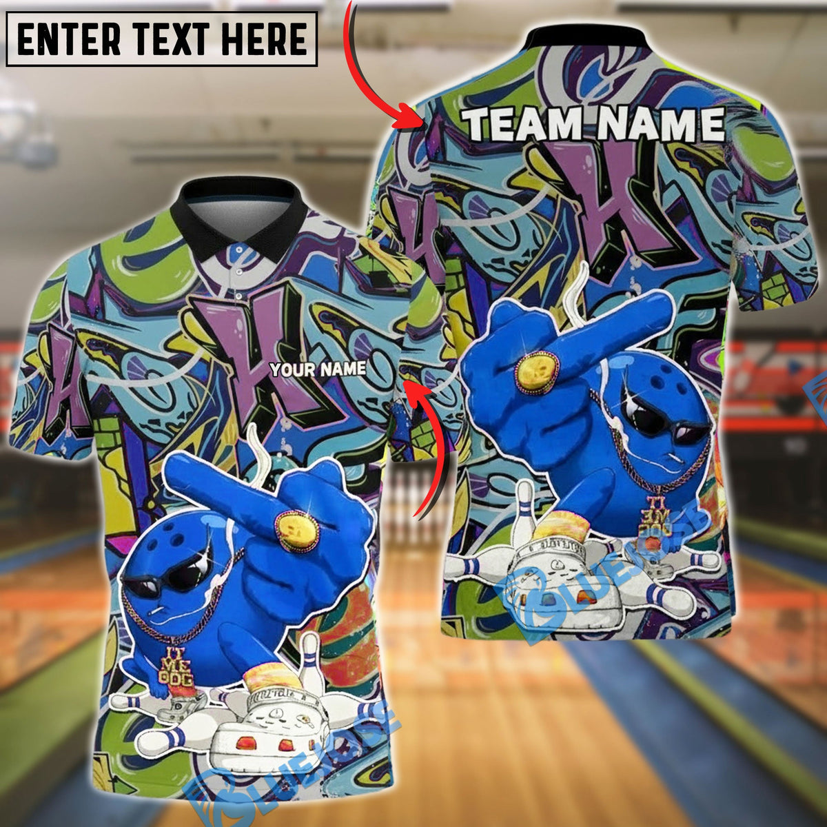 BlueJose Bowling Graffiti Street Art Character Customized Name, Team Name 3D Shirt (4 Colors)