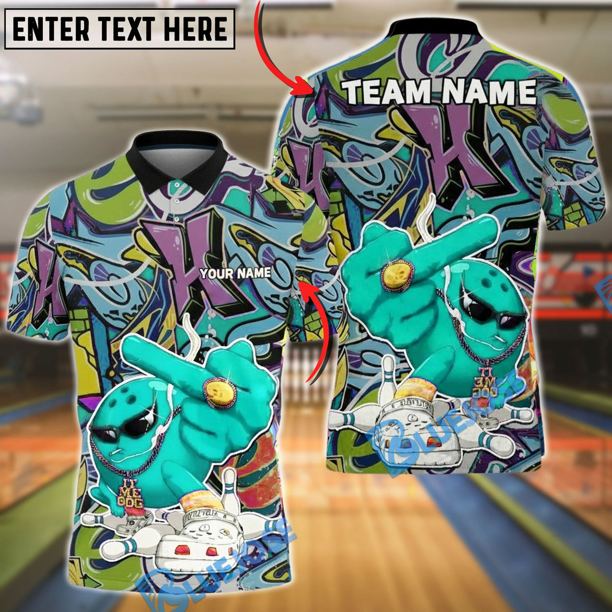 BlueJose Bowling Graffiti Street Art Character Customized Name, Team Name 3D Shirt (4 Colors)