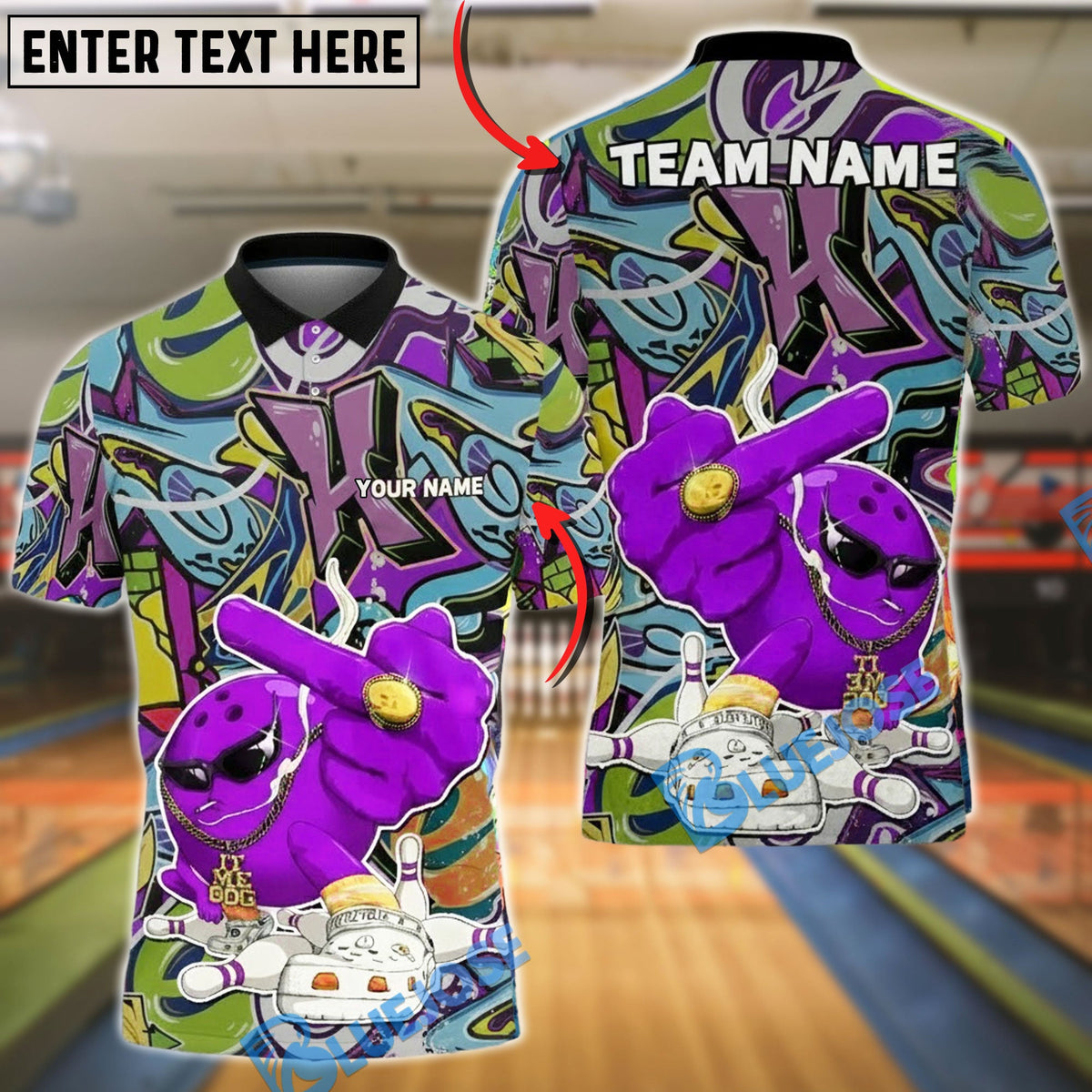 BlueJose Bowling Graffiti Street Art Character Customized Name, Team Name 3D Shirt (4 Colors)