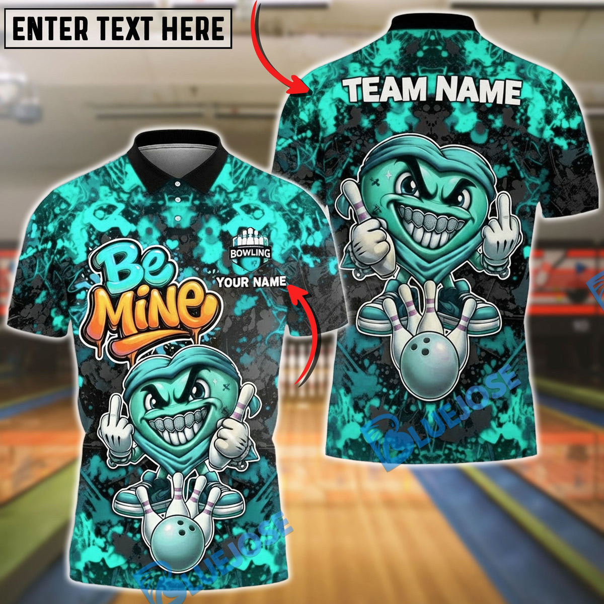 BlueJose Bowling & Pins Be Mine Love Graffiti Heart Character Customized Name, Team Name 3D Shirt (4 Colors)