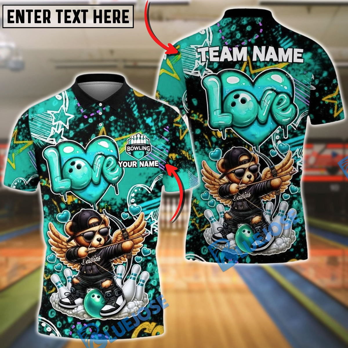 BlueJose Bowling & Pins Cupid Bear Winged Character Customized Name, Team Name 3D Shirt (4 Colors)