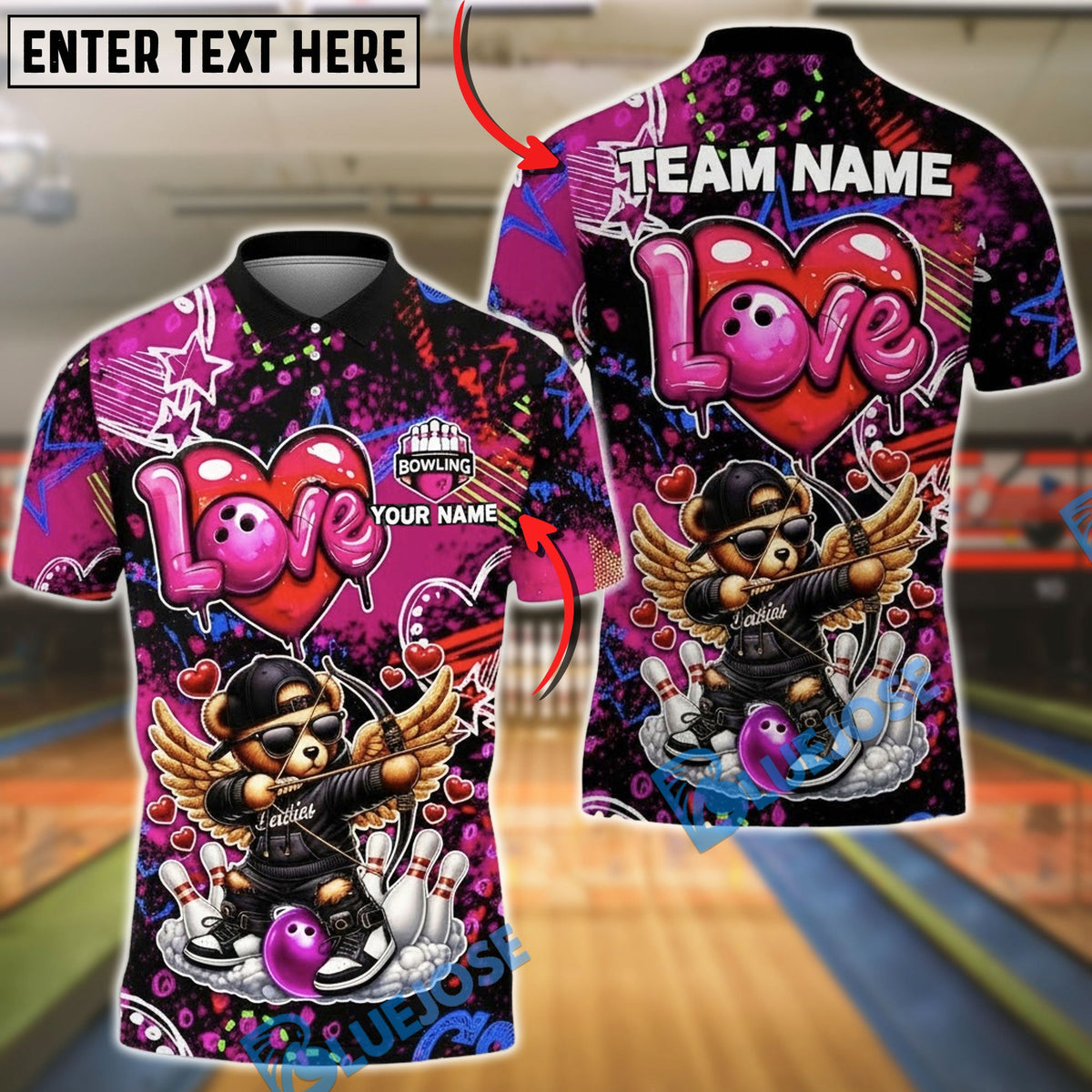 BlueJose Bowling & Pins Cupid Bear Winged Character Customized Name, Team Name 3D Shirt (4 Colors)