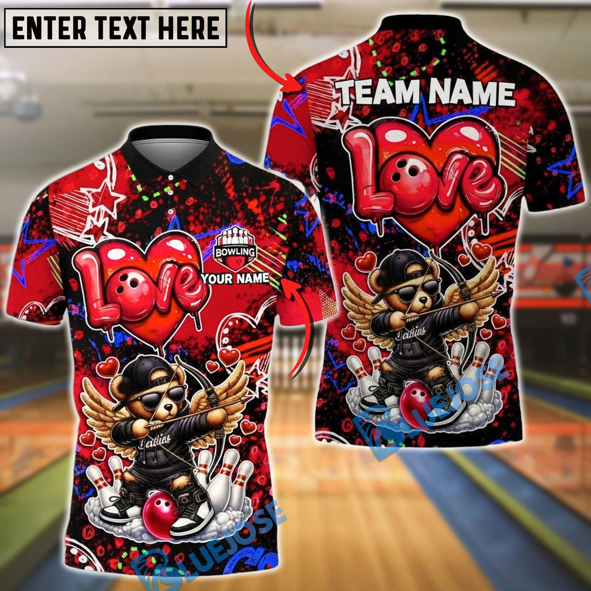 BlueJose Bowling & Pins Cupid Bear Winged Character Customized Name, Team Name 3D Shirt (4 Colors)