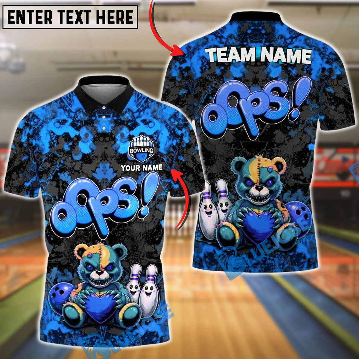 BlueJose Bowling & Pins Oops Teddy Bear Cartoon Customized Name, Team Name 3D Shirt (4 Colors)