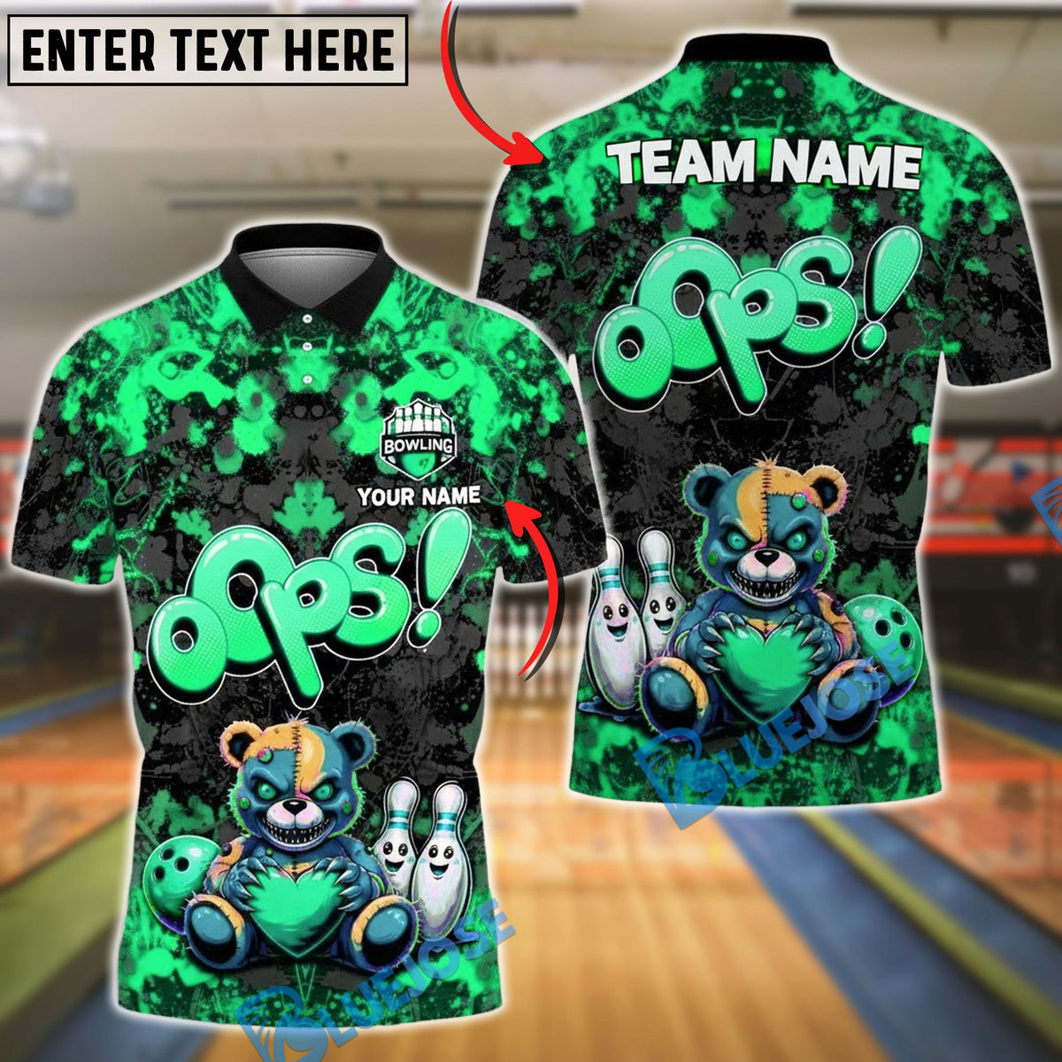 BlueJose Bowling & Pins Oops Teddy Bear Cartoon Customized Name, Team Name 3D Shirt (4 Colors)