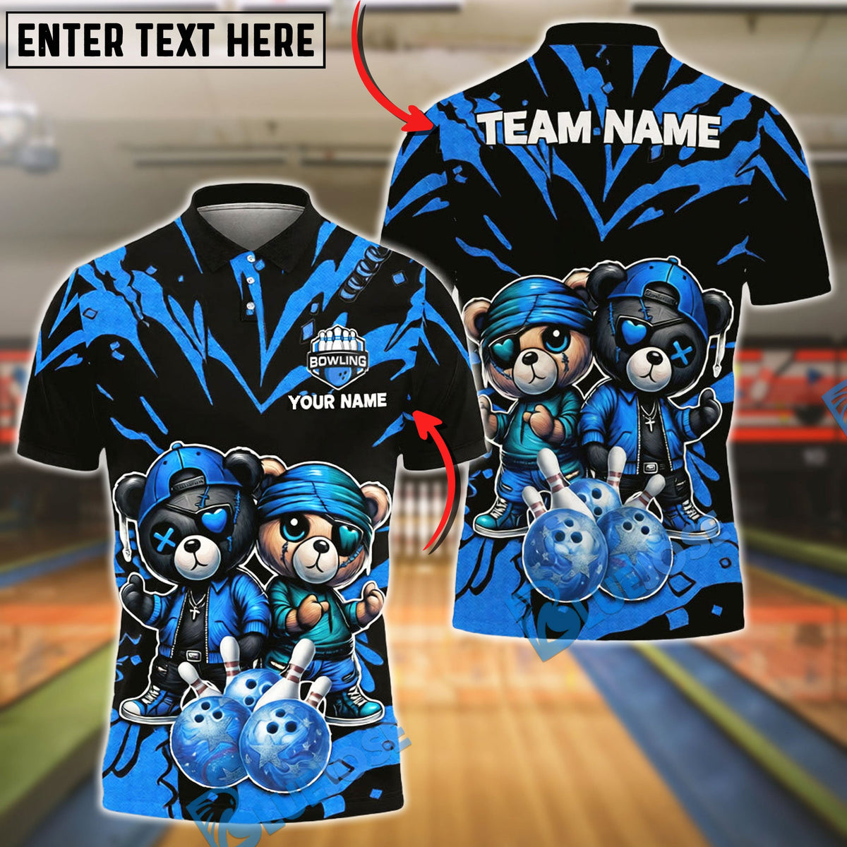 BlueJose Bowling & Pins Teddy Couple Street Style Customized Name, Team Name 3D Shirt (4 Colors)