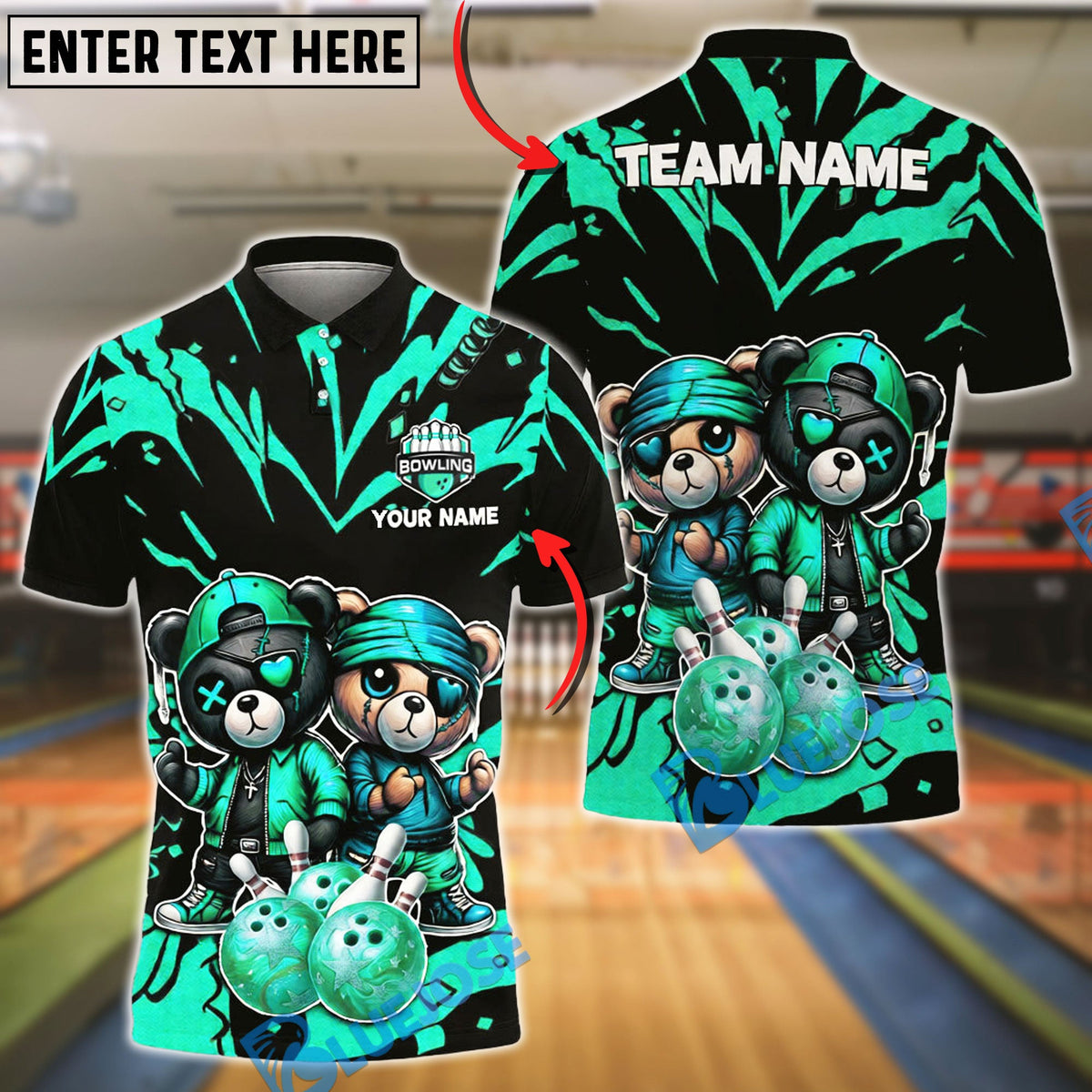 BlueJose Bowling & Pins Teddy Couple Street Style Customized Name, Team Name 3D Shirt (4 Colors)