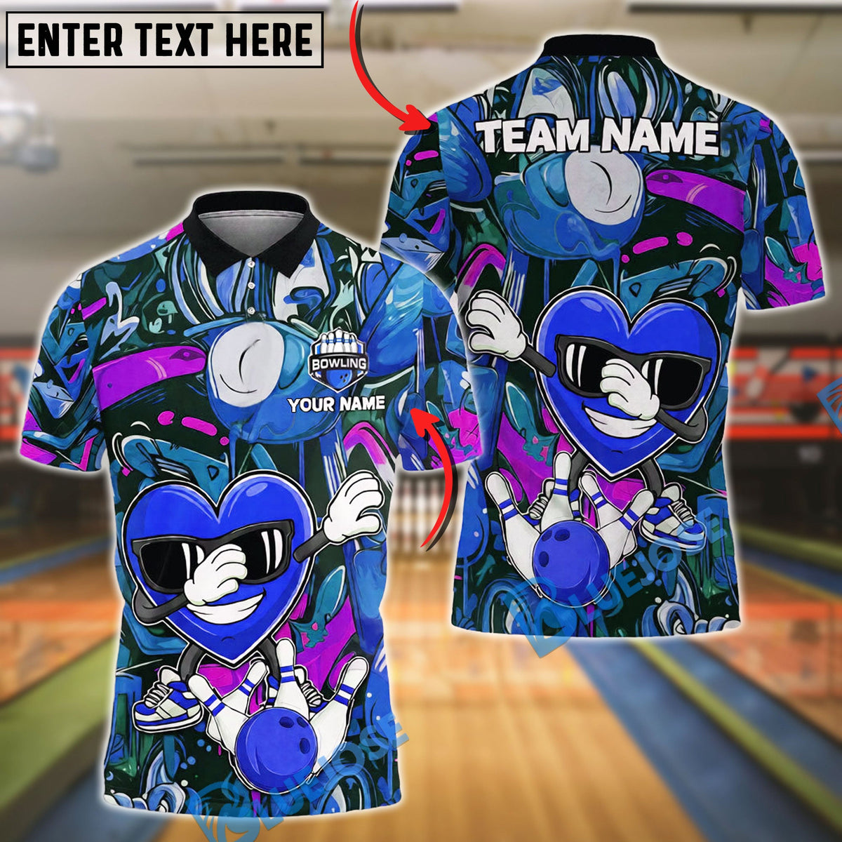 BlueJose Bowling & Pins Cool Heart Graffiti Character Customized Name, Team Name 3D Shirt (4 Colors)