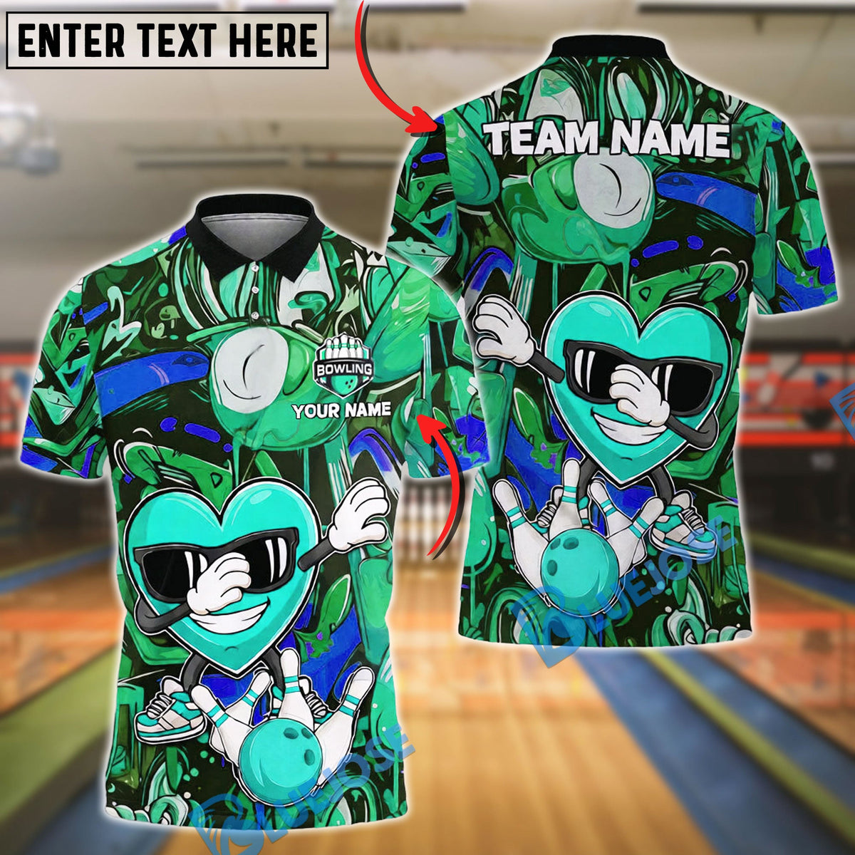 BlueJose Bowling & Pins Cool Heart Graffiti Character Customized Name, Team Name 3D Shirt (4 Colors)