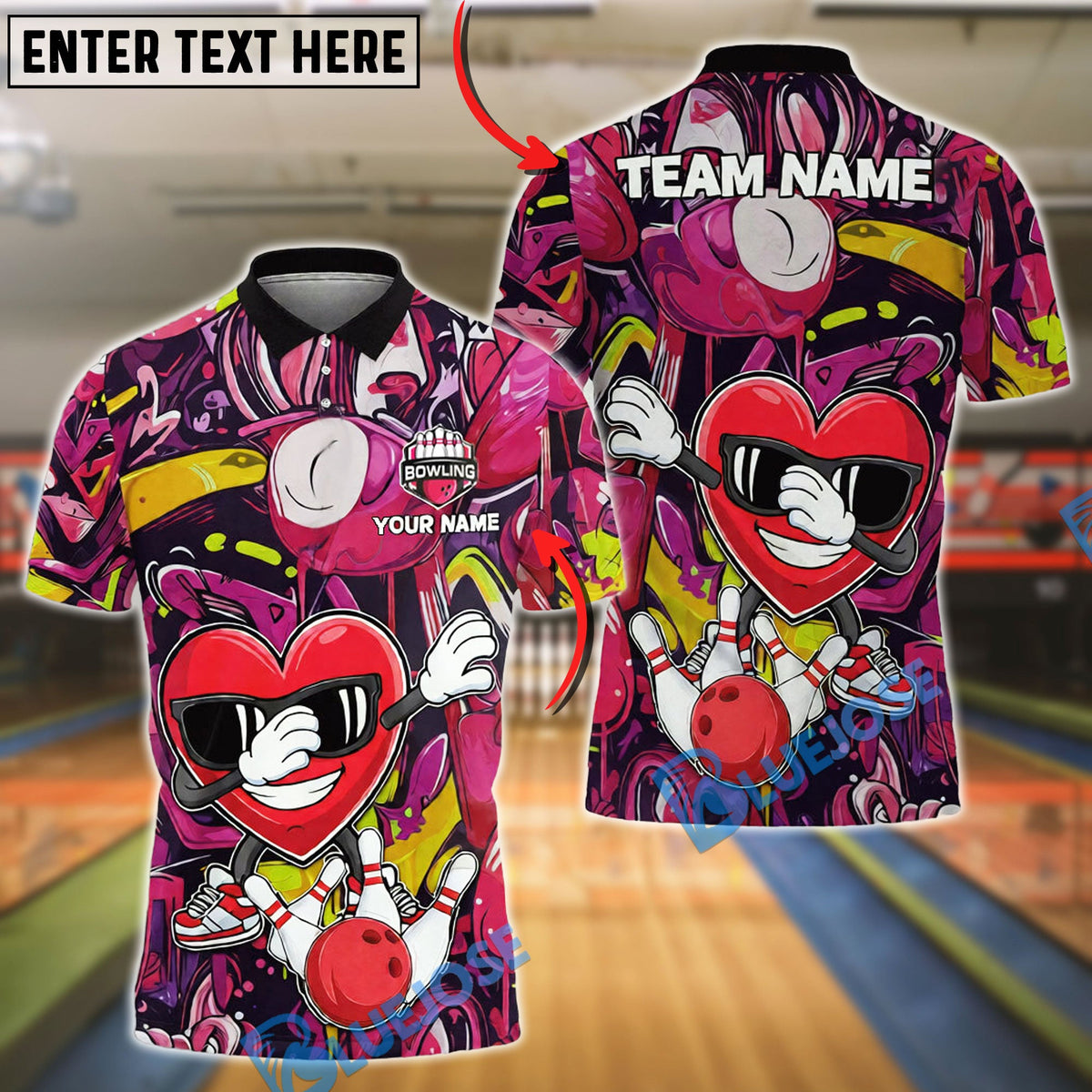 BlueJose Bowling & Pins Cool Heart Graffiti Character Customized Name, Team Name 3D Shirt (4 Colors)