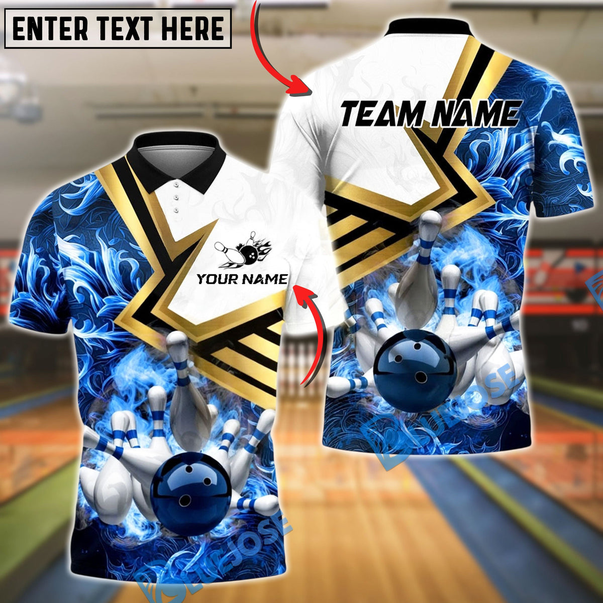 BlueJose Bowling And Pins Fiery Strike Customized Name, Team Name 3D Shirt (4 Colors)