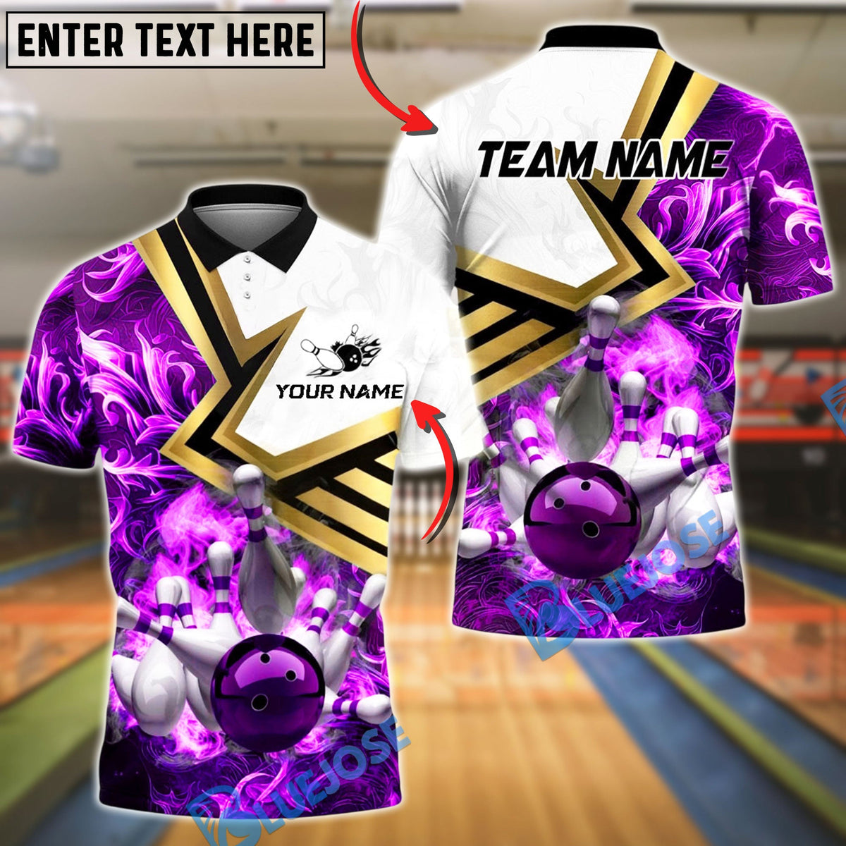 BlueJose Bowling And Pins Fiery Strike Customized Name, Team Name 3D Shirt (4 Colors)