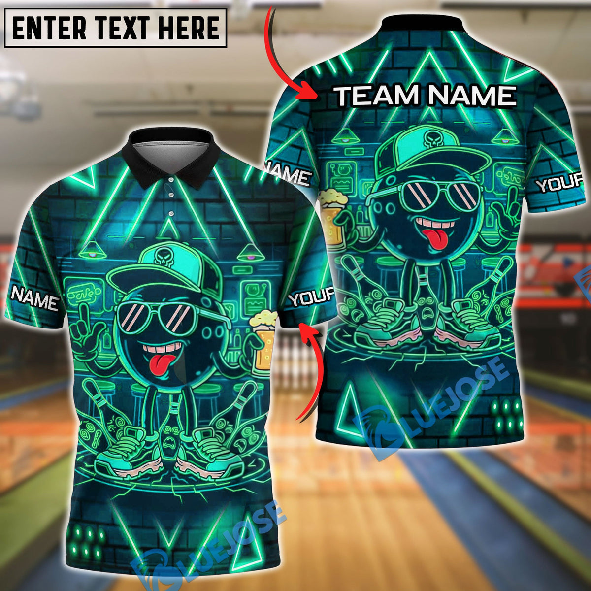 BlueJose Bowling & Pins Cyber Neon Bowling Graffiti Style Customized Name, Team Name 3D Shirt (4 Colors)