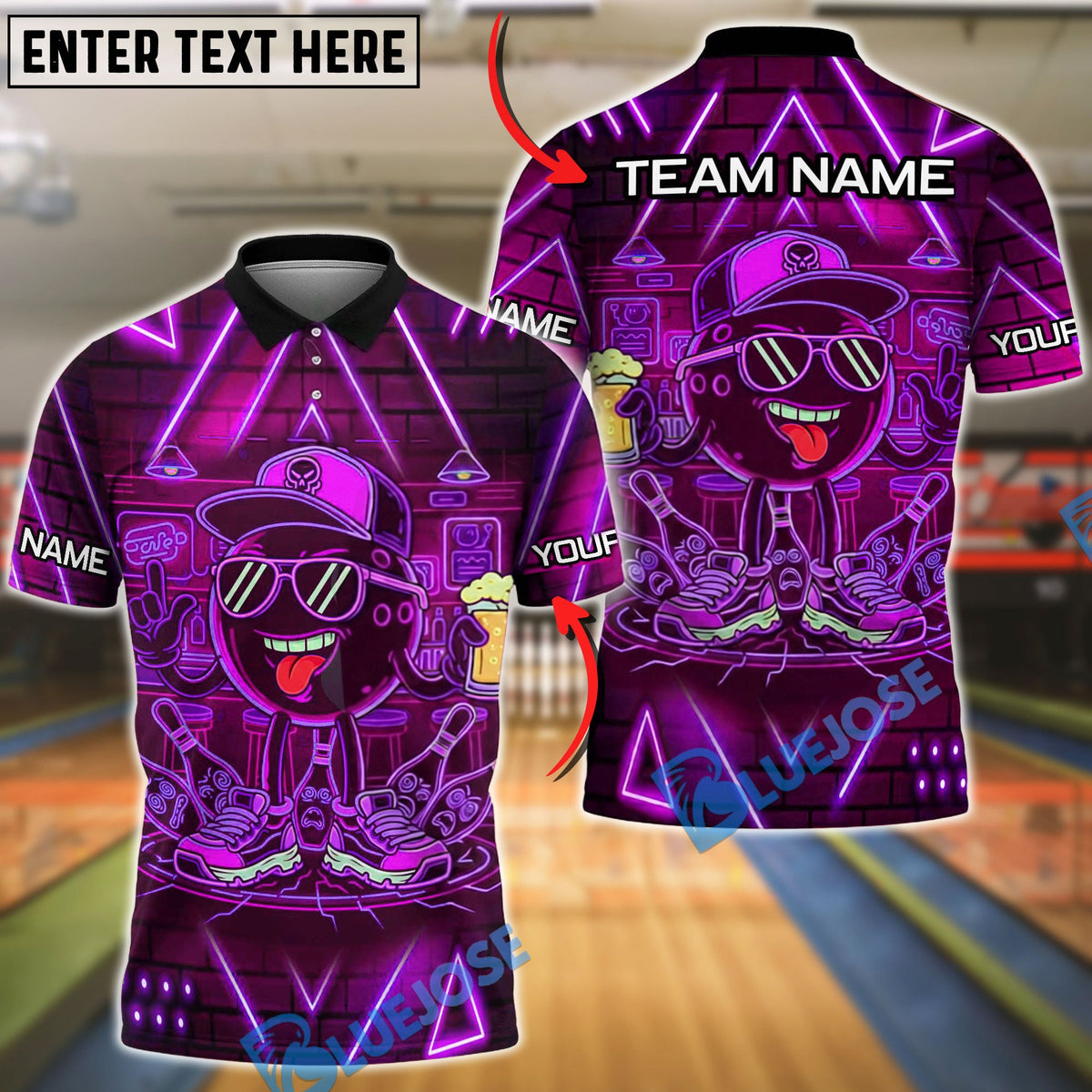 BlueJose Bowling & Pins Cyber Neon Bowling Graffiti Style Customized Name, Team Name 3D Shirt (4 Colors)