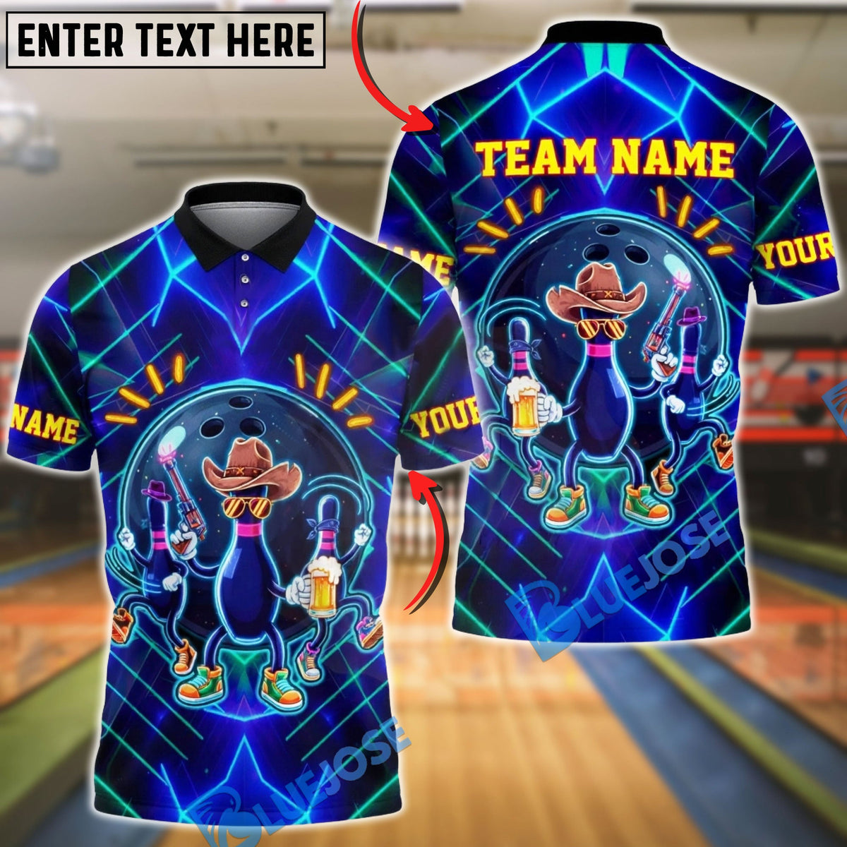 BlueJose Bowling & Pins Neon Cowboy Party Customized Name, Team Name 3D Shirt (4 Colors)