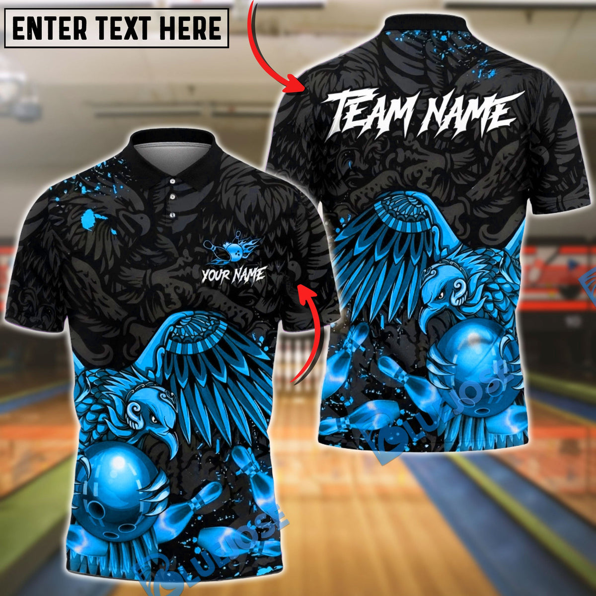 BlueJose Bowling & Pins Golden Eagle Strike Art Customized Name, Team Name 3D Shirt (6 Colors)