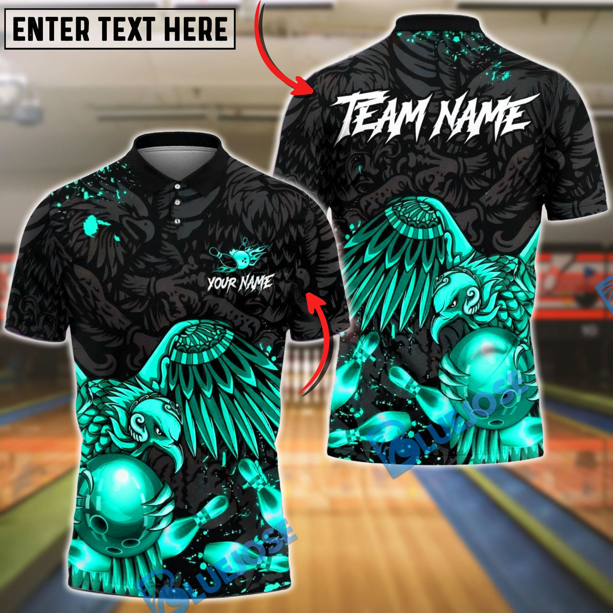 BlueJose Bowling & Pins Golden Eagle Strike Art Customized Name, Team Name 3D Shirt (6 Colors)