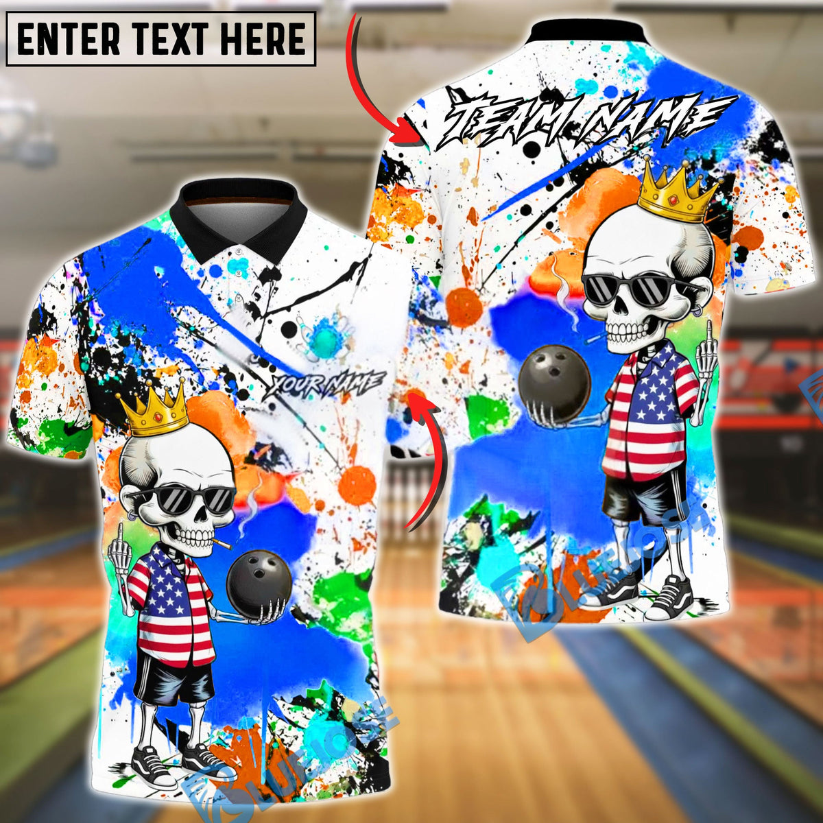 BlueJose Bowling & Pins American Skull Graffiti Bowling Style Customized Name, Team Name 3D Shirt (4 Colors)