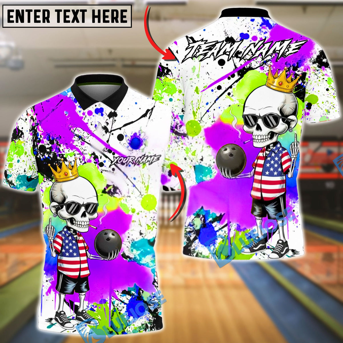 BlueJose Bowling & Pins American Skull Graffiti Bowling Style Customized Name, Team Name 3D Shirt (4 Colors)