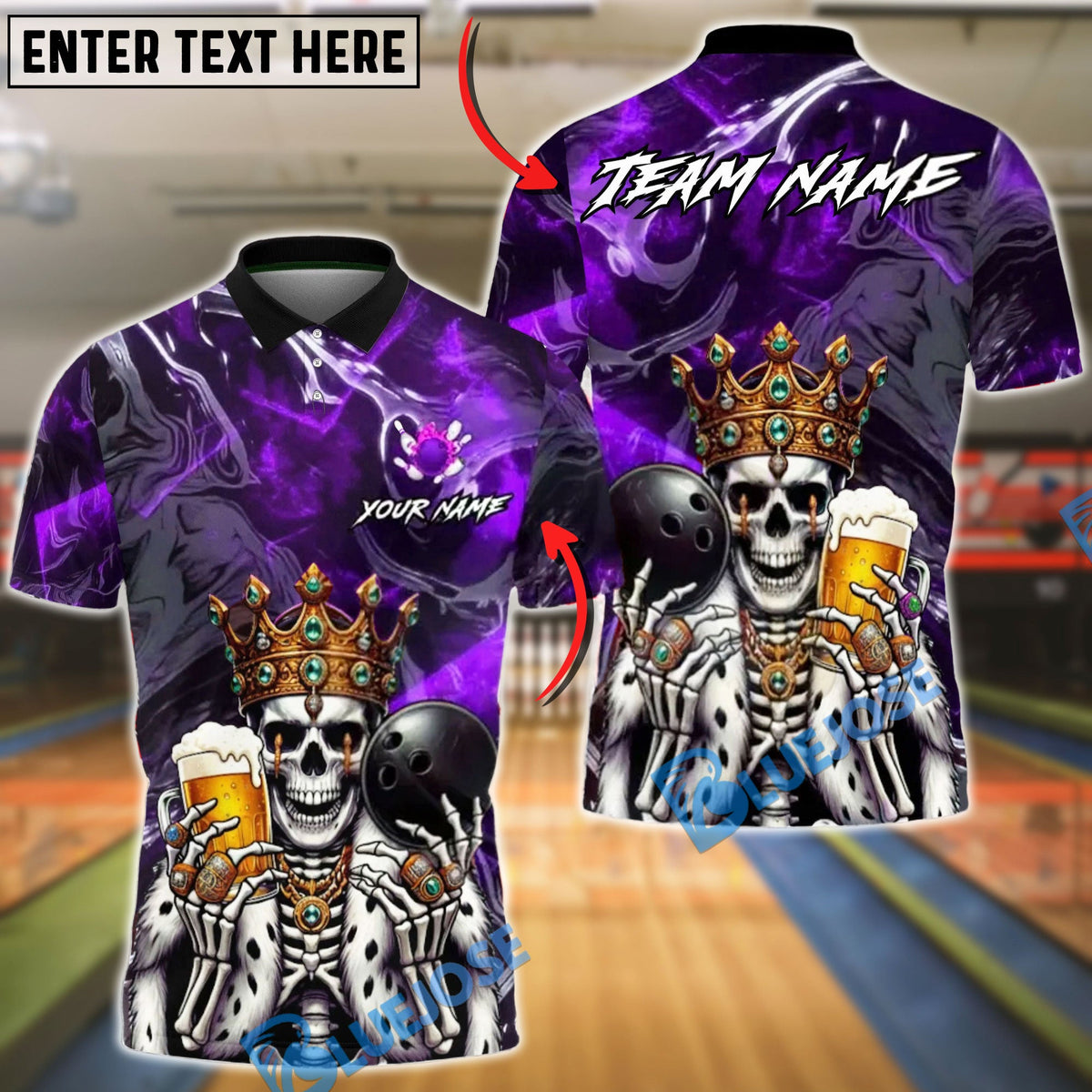 BlueJose Bowling & Pins King Skull Royal Pub Style Customized Name, Team Name 3D Shirt (4 Colors)