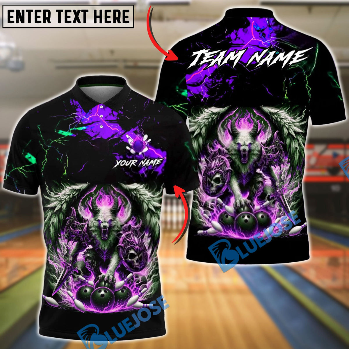 BlueJose Bowling & Pins Hell Wolf Fire Strike Fantasy Style Customized Name, Team Name 3D Shirt (4 Colors)