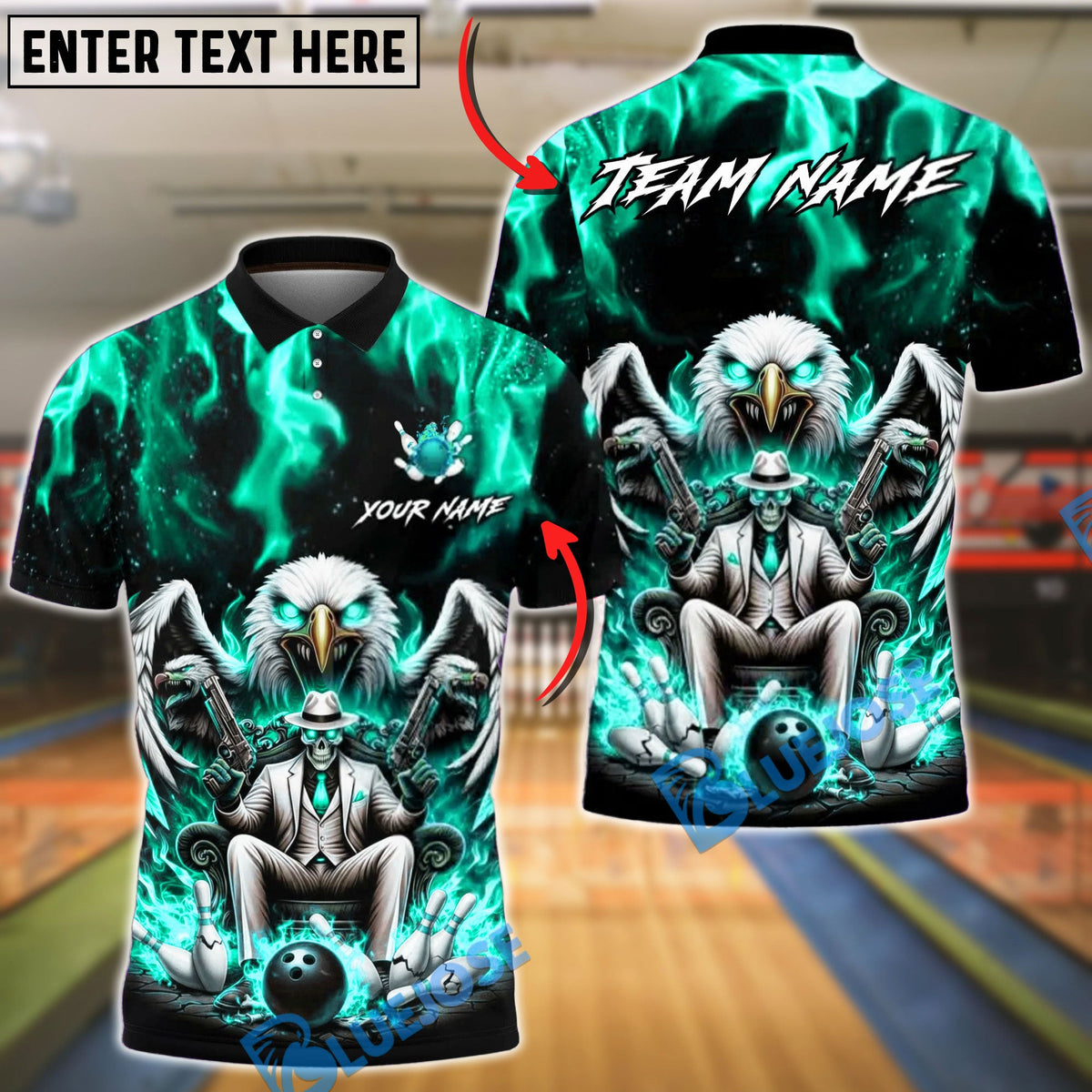BlueJose Bowling & Pins Mafia Skull Eagle Style  Customized Name, Team Name 3D Shirt (4 Colors)