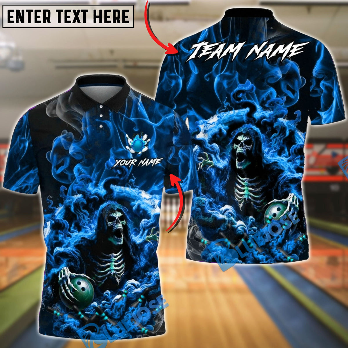 BlueJose Bowling & Pins Grim Reaper Smoke Customized Name, Team Name 3D Shirt (4 Colors)