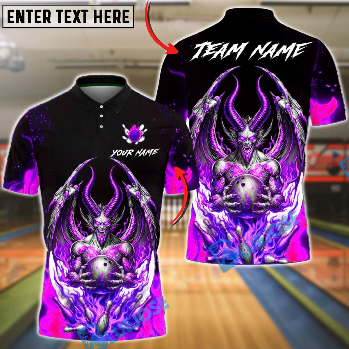BlueJose Bowling & Pins Hellfire Demon Skull Flame Art Customized Name, Team Name 3D Shirt (4 Colors)