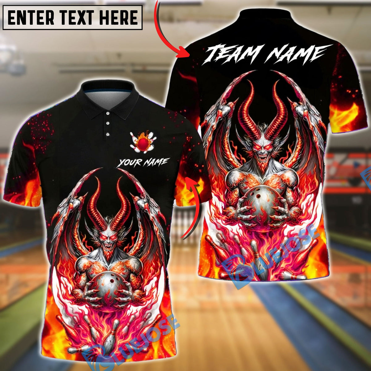 BlueJose Bowling & Pins Hellfire Demon Skull Flame Art Customized Name, Team Name 3D Shirt (4 Colors)