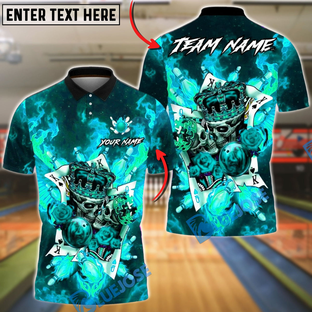 BlueJose Bowling & Pins Royal Flame Skull King Card Art Customized Name, Team Name 3D Shirt (4 Colors)